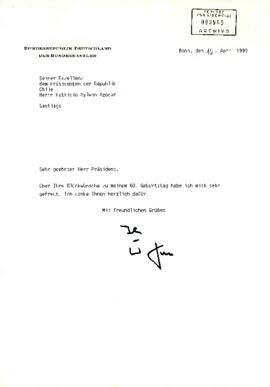 Carta del Embajador de Alemania en Chile, sr. Wiegand Pabsch, dirigida a Su Excelencia Señor Presidente de la República de Chile, Don Patricio Aylwin Azócar