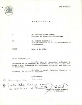 Memorándum de Carlos Bascuñan Edwards, Jefe de Gabinete Presidencial, a Enrique Silva Cimma, Ministro de Relaciones Exteriores, sobre solicitud de audiencia con el Presidente de la República para Paul Rader, dirigente del Ejército de Salvación