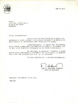 Carta de Carlos Bascuñán Edwards, Jefe de Gabinete Presidencial, a José Raúl Rodríguez R., Alcalde de Lampa, sobre invitación al Presidente de la República a aniversario del Centenario de Lampa