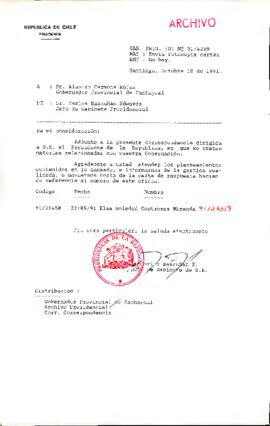 [Oficio del Jefe de Gabinete Presidencial dirigido al Gobernador Provincial de Cachapoal, Sr. Alamiro Carmona Rojas]