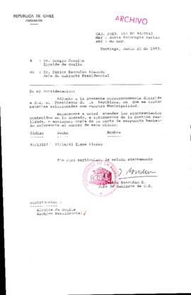 [Oficio  Gab. Pres. Ord. N° 3143 de  Jefe de Gabinete Presidencial, remite copia de carta que se indica]