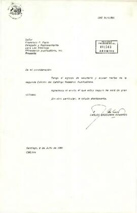 Carta de Carlos Bascuñán Edwards, Jefe de Gabinete Presidencial, a Francisco P. Fazio, Research Publications, sobre recepción de catálogo y agradecimiento