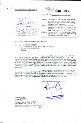 [Carta del Jefe de Departamento de Valoración dirigida a particular, referente a tributación aduanera aplicable en importación de vehículo]