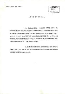 Expediente sobre descuentos no autorizados en remuneraciones del Embajador José Miguel Barros y gestiones de reclamación ante el Ministerio de Relaciones Exteriores, 1991–1993