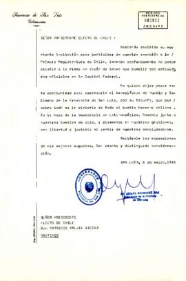 Gobernador de San Luis, Argentina, se disculpa por no asistir a la asunción del mando de Patricio Aylwin Azócar