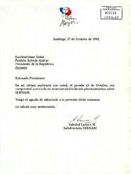 [Carta de Subdirectora del SERNAM, Soledad Larraín]