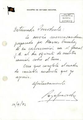 Nota escrita a mano del Ministro de Defensa Nacional, Rojas Saavedra, dirigida a Estimado Presidente [Aylwin]