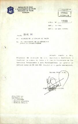 Carta [Ord. Nº 1189] de José Fernández Llorens, Alcalde de Talca, a Patricio Aylwin Azócar, Presidente de la República, sobre envío de proyectos de inversión comunal y situación financiera municipal