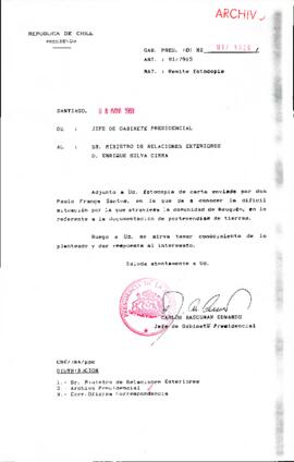 [Se remite fotocopia de correspondencia a Ministro de Relaciones Exteriores]