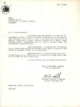 Carta de Carlos Bascuñán, Jefe de Gabinete Presidencial, a Roberto Zahler, Presidente del Banco Central, sobre invitación a cóctel por conferencia internacional