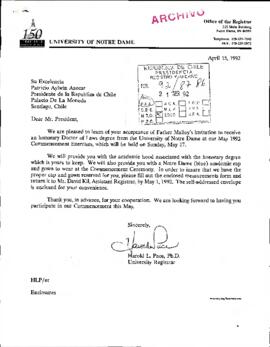 [Carta de la University of Notre Dame dirigida al Presidente Patricio Aylwin]
