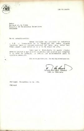 Carta de Carlos Bascuñán Edwards, Jefe de Gabinete Presidencial, a Enrique Silva Cimma, Ministro de Relaciones Exteriores, sobre solicitud de audiencia para el enviado del Dalai Lama