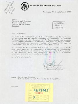 Carta desde el Partido Socialista de Chile, de su Secretario General, sr. Manuel Almeyda Medina, dirigida al Señor Ministro del Interior, Don Enrique Krauss