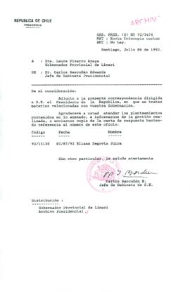 [Carta del Jefe de Gabinete de la Presidencia a Gobernadora Provincial de Limari]