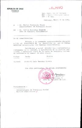 [Carta del Jefe de Gabinete de la Presidencia a Subsecretario de Previsión Social]