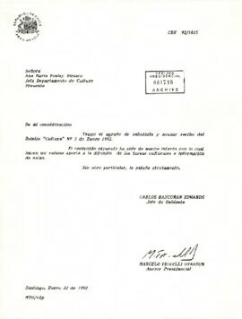 [Se acusa recibo de Boletín "Cultura" n° 93 de Enero 1992]