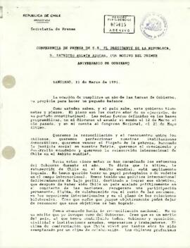 Transcripción de la conferencia de prensa del Presidente Patricio Aylwin Azócar, realizada el 11 de marzo de 1991 con motivo del primer aniversario de su gobierno