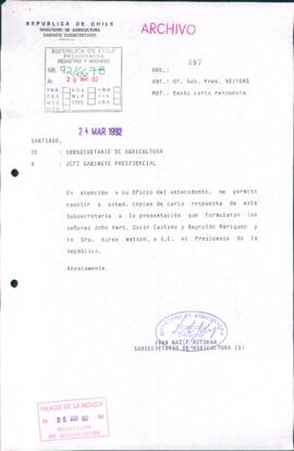 [Informa sobre respuesta entregada a carta relativa a situación de habitantes de Valle Quinquén]