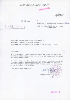 [Carta de agradecimiento del Primer Ministro de Argelia dirigida al Embajador Chileno en Túnez]