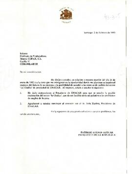 Carta [sin firma] del Presidente de la República, Dn. Patricio Aylwin Azócar, dirigida a los Sres. del Sindicato de Trabajadores Minera COPAR, S.A. de Curanilahue