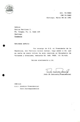 [Carta de respuesta por remisión de correspondencia enviada al Presidente, redirigiéndola al Ministerio de Vivienda y Urbanismo]