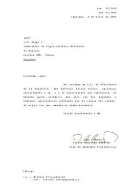 [Carta en agradecimiento a Federación de Organizaciones Gremiales por ayudar a medianos agricultores afectados por la sequía]