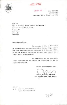 Carta de agradecimiento por iniciativa de juntar firmas en favor del término de la guerra en el Golfo Pérsico