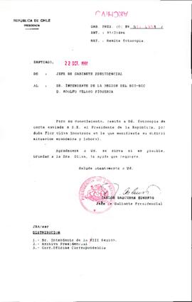 [Oficio del Jefe de Gabinete Presidencial dirigido al Intendente de la Región del Bío Bío]