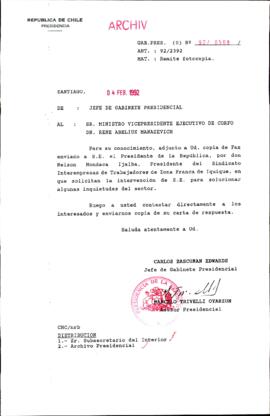 [Carta de Jefe de Gabinete de la Presidencia a Vicepresidente Ejecutivo de CORFO]