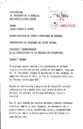 [Exponen en relación a la promulgación de  Ley de integración social para personas con discapacidad]