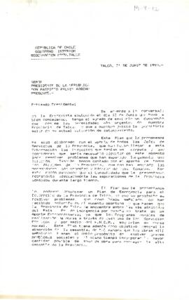 [Carta de Gobernador Provincial de Talca, para S.E El Presidente de la República]
