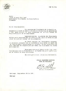 Carta de Carlos Bascuñán Edwards, Jefe de Gabinete Presidencial, a Jorge Iglesis Guillard, Presidente de la VIII Bienal de Arquitectura, sobre invitación al Presidente de la República para asistir a la inauguración de la VIII Bienal de Arquitectura