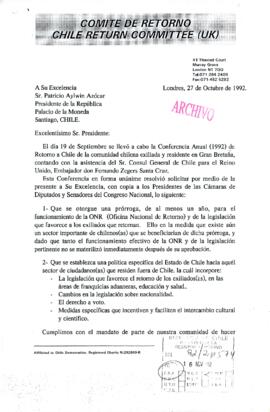 [Solicita prorroga de funcionamiento de Oficina Nacional de Retorno y legislar en favor de chilenos residentes en el extranjero}
