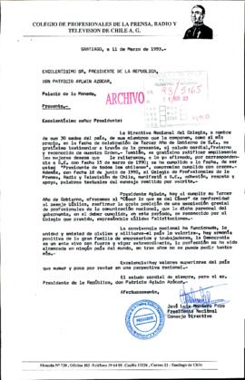 [Felicitación al Presidente Patricio Aylwin a 3 años de su  Gobierno]