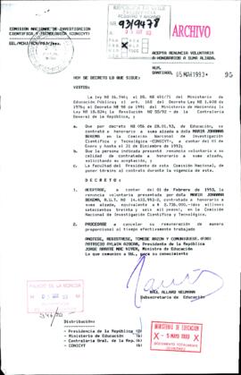 [Decreto N° 95 del Ministerio de Educación en que acepta renuncia voluntaria de funcionario de CO...