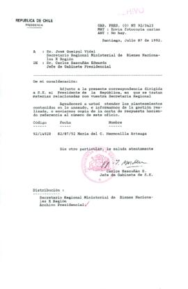[Carta del Jefe de Gabinete de la Presidencia a SEREMI de Bienes Nacionales X Región]