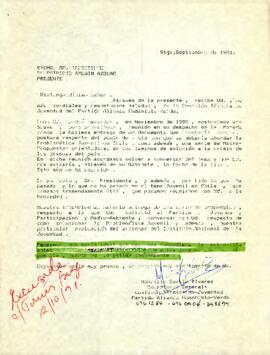 Carta de Mauricio García Álvarez, Secretario General Comisión Técnica de Juventud Partido Alianza Humanista Verde dirigida al Excmo. sr. Presidente Dn. Patricio Aylwin Azócar
