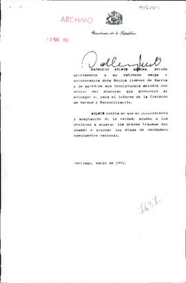 [Carta de Presidente Aylwin para doña Mónica Jimenez respecto a discurso en Comisión de Verdad y Reconciliación]
