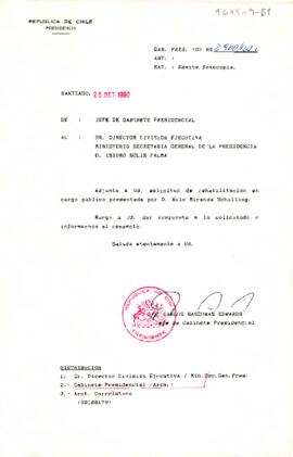 [Carta de Jefe de Gabinete a Sr. Isidro Solís sobre solicitud de rehabilitación en cargo público de Sr. Nilo Miranda Schilling]