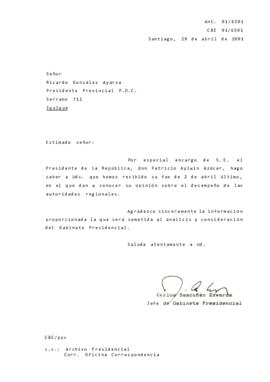 Carta acusa recibo de fax con opinión sobre el desempeño de las autoridades regionales.