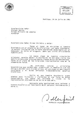 [Carta del Presidente Aylwin al Primer MInistro de Jamaica , con invitación oficial para visitar Chile].
