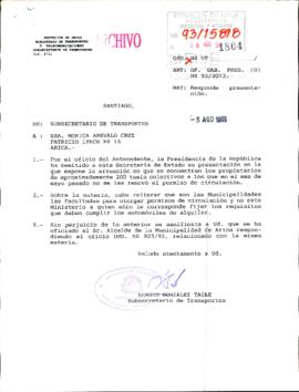 [Carta de respuesta del Subsecretario de Transportes referente a permisos de circulación de taxis en Arica]