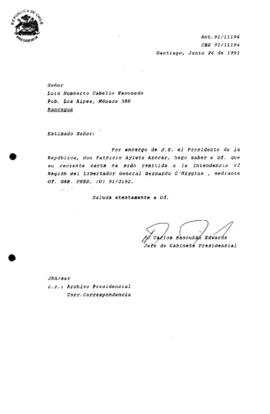 Carta  remitida a la Intendencia VI Región del Libertador General Bernardo O 'Higgins
