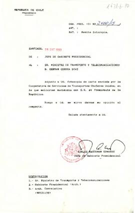 [Se remite carta de Cooperativa de Servicios de Transportes Choferes Unidos a Ministro de Transporte y Telecomunicaciones]