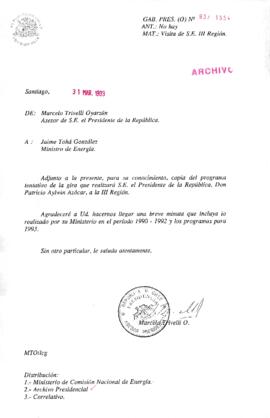 [Oficio Gab. Pres. Ord. N° 1554 de Jefe de Gabinete Presidencial, visita de S. E. III Región]