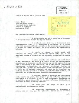 [Carta del Embajador de Chile en Colombia al Presidente Aylwin, enviado felicitaciones por entrevista del Presidente al diario "El Tiempo" de Bogotá ].