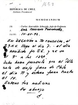 Memorándum del Jefe de Gabinete sr. Carlos Bascuñán Edwards dirigido al Embajador Mariano Fernández