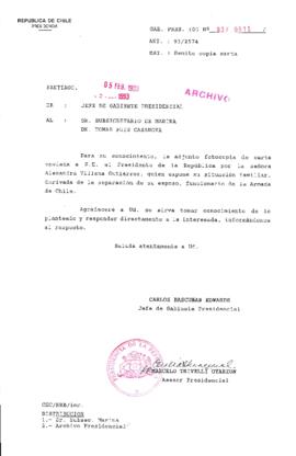 [Oficio del Gabinete Presidencial dirigido a la Subsecretaria de Marina, mediante el cual informa sobre situación familiar del funcionario de la Armada de Chile]
