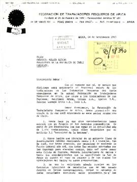 Carta de la Federación de Trabajadores Pesqueros de Arica al Presidente de la República, Patricio Aylwin Azócar