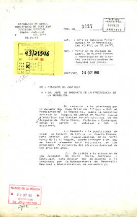 ORD. Nº3327 Desde el Dpto. Judicial  INT. 1312 de la División Judicial del Ministerio de Justicia, del sr. Francisco Cumplido Cereceda, Ministro; dirigida al Jefe de Gabinete de la Presidencia de la República